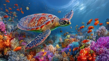 A turtle coexists with vibrant tropical fish and diverse sea life within the coral reef, showcasing the creatures of the underwater world
