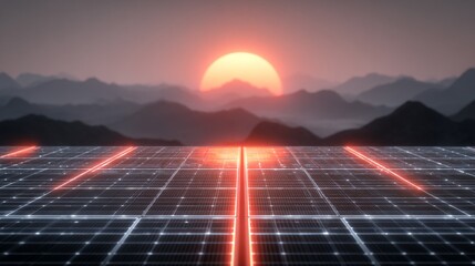 A serene landscape is showcased with solar panels illuminated by a vibrant sunset, highlighting renewable energy