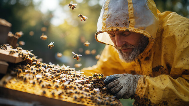 bee farmer examining hives in apiary wearing protective gear, organic honey concept  - Powered by Adobe