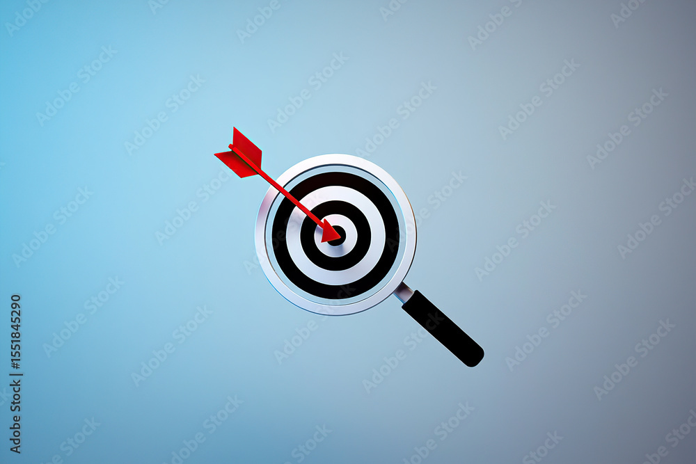 Poster precision target achievement a magnifying glass focuses on a bullseye with a red arrow hitting the c