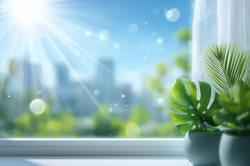Minimalist windows and sunbeam effects blend with fresh botanicals, optimized for use in digital wall art, organic product introductions, and corporate reports on sustainability