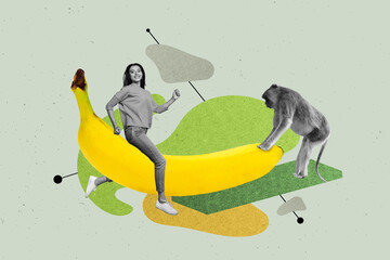 Artwork image creative photo collage of happy girl guy stand banana fruit ride detox nutrition...