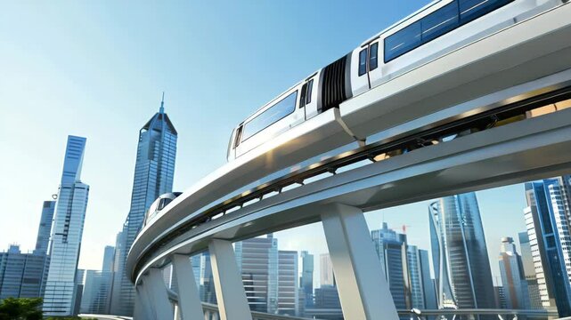 Modern monorail traverses urban skyline.