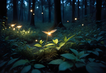 Magical forest with glowing fireflies and dreamy lighting, enchanted nature scenery, fantasy background