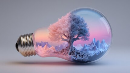 A light bulb holds a tree, representing sustainable energy and the blend of nature with technology