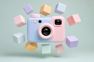 Playful arrangement of colorful blocks surrounding a creative camera, stock photo
