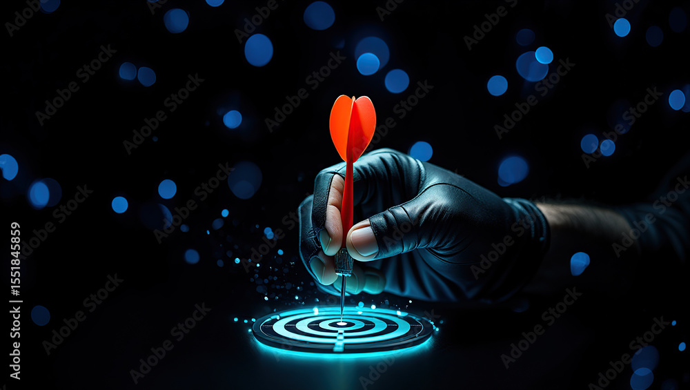 Poster hand in glove holding red dart aiming at glowing target on dark background achieving precision accur