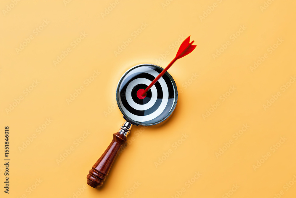 Poster focused target analysis a magnifying glass over a dartboard with a red dart hitting the bullseye emp
