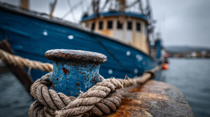 Obraz premium A close-up shows a fishing boat moored in a port, bound to a dock bollard with a rope and anchor. Nautical vessel used for maritime transport and the work of fishermen. 