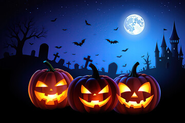 Eerily Lit Jack-o'-Lanterns Guard a Haunted Graveyard Under a Full Moon A Chilling Halloween Night Scene with Bats and a Gothic Castle Silhouette