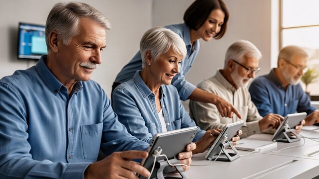 Group of senior students using digital tablets in classroom, learning new technology with the help of a smiling female teacher pointing at a device