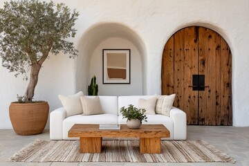 The integration of mycelial art with nature in the living room results in a vibrant organic living space, where fungi colors add a burst of color to the white space and complement the raw, organic