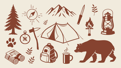 brown line art camping and outdoor adventure icons vector illustration of a set of christmas icons isolated on white background.