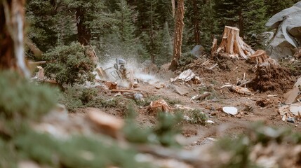 Deforestation and the resulting environmental concerns are highlighted by cutting trees in the forest