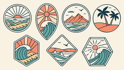 retro coastal scenery badge collection vector illustration of a set of travel icons isolated on of white background.