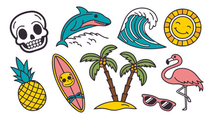 colorful hand-drawn summer and beach icons collection illustration background.