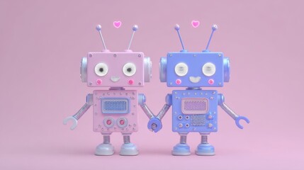 Two sweet robots, with pink and blue as their respective colors, highlight a spirited companionship in a radiant backdrop