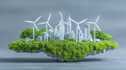 Three wind turbines situated on a patch of green moss against an urban cityscape represent the integration of sustainable energy and urban renewal