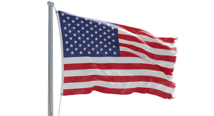 Fototapeta premium Waving american flag, meticulously rendered with vibrant red & white stripes and a blue field with white stars, featuring a distinct textured brushstroke artistic effect, on a transparent background,