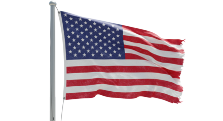 Waving american flag, meticulously rendered with vibrant red & white stripes and a blue field with white stars, featuring a distinct textured brushstroke artistic effect, on a transparent background,
