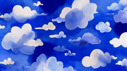 Clouds depicted in abstract watercolor style with deep blue and soft white hues
