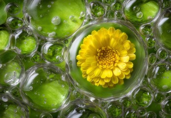 Bring yellow grass flowers, arranged on a lotus leaf adorned with tiny water droplets and illuminated by bright sunlight