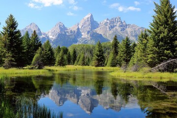 Serene park view with towering pine trees, reflecting pools, meadow, and mountains bathed in golden sunlight, tranquil nature scene.