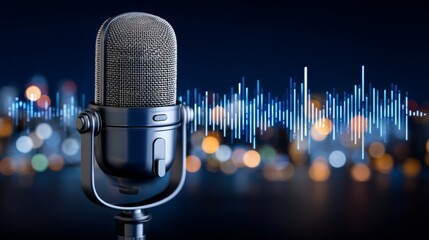 Cityscape and Urban Skyline Provide a Background for Modern Microphone