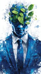 An entrepreneur morphs into a tree, exemplifying eco-friendly corporate strategies