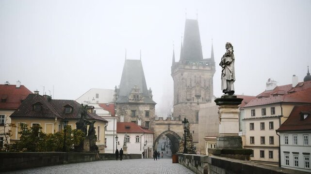 Amazing Castle Of Charles Bridge In Prague Morning, Prague Sightseen With Mist