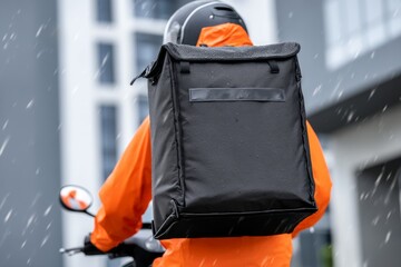 In the midst of a rainy busy city street, a food delivery rider clad in a bright orange jacket and yellow helmet rides a scooter, focused solely on efficient food delivery