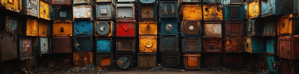 Colorful stacked industrial containers in an urban setting.