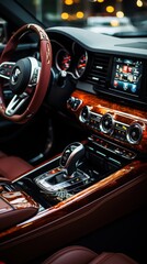 Luxury car interior with sleek dashboard design and leather seats.