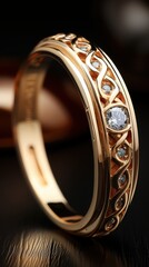 Elegant gold ring with intricate design and sparkling gemstones.