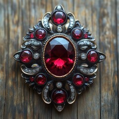 Elegant antique brooch with red gemstones on wooden surface.