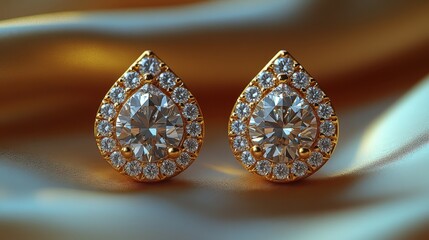 Elegant teardrop diamond earrings on satin fabric.