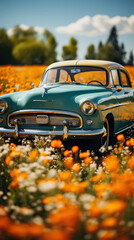 Vintage teal car parked in a vibrant orange flower field under a clear blue sky.