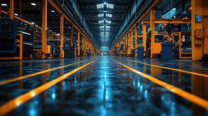 Modern factory interior with sleek machinery and bright lighting. Clean lines and reflective floors create a sense of industrial efficiency.