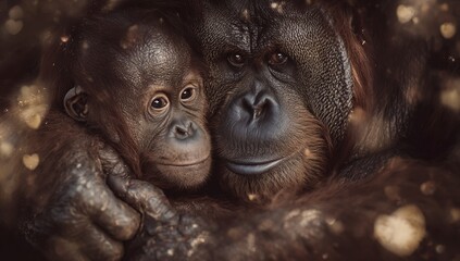 A closeup of interlocked human and monkey hands is set on a hazy green natural background with space to add words, conveying cooperation and mutual understanding between species, produced with the