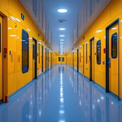 Long corridor with bright yellow walls and doors, reflecting on a shiny floor. Modern and clean interior design.
