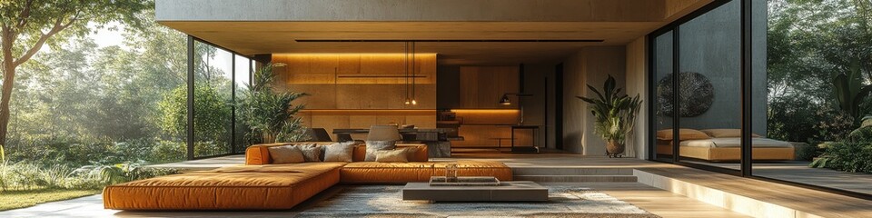 Modern minimalist living space with an orange sectional sofa, large windows overlooking a lush garden, and warm, earthy tones throughout the design.