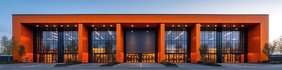 Modern orange building with large glass windows and multiple entrances.  Ideal for corporate or commercial use.