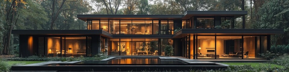 Modern house illuminated at night, nestled in a lush forest. Large windows showcase the warm interior lighting.