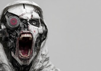 A web banner with space for copy on the right is paired with an AI robot head that has human-like features, including a mouth that is open and eyes that are wide with surprise, all set against a