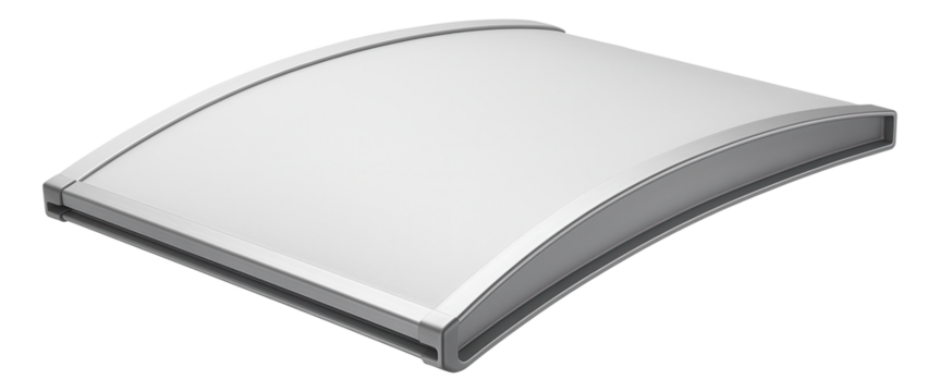 PVC roof canopy with a drainage system, designed to prevent water accumulation above a garage door.