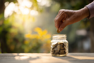 Close-up of hand dropping money into a retirement jar with sunlight in the background, concept of saving early,