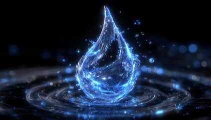 A digital blue water droplet icon incorporating binary code symbolizes the modern approach to sustainable water resource management through hydrology modeling and stock analysis, also representing