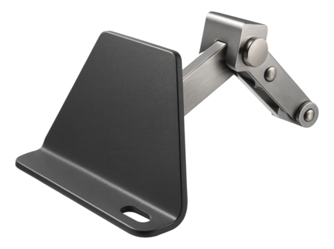 Adjustable snow stopper with a hinged mechanism, suitable for adapting to various roof pitches on a townhouse.