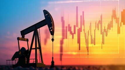 energy stock gas trading. Oil rig silhouette against a colorful sunset and stock market graph backdrop.