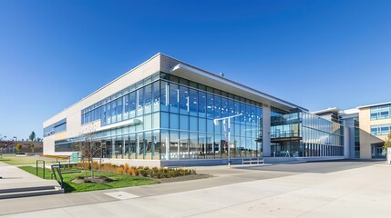 Contemporary School Building with Transparent Glass Facade, Sunlit Modern Educational Architecture Featuring Reflective Exterior and Sustainable Design in Academic Environment